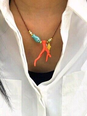 NEW! Bohemian Handmade Coral Branch Pendant Cord Necklace with Gold Accent.
